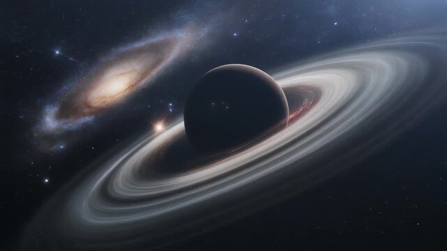 Giant ringed planet floating in deep space near a glowing spiral galaxy with bright stars and distant cosmic dust clouds