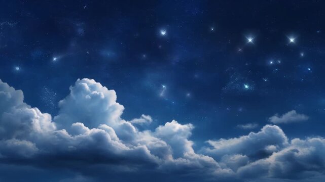 Fluffy white clouds drift across a vibrant dark blue night sky filled with many bright shining stars and cosmic light