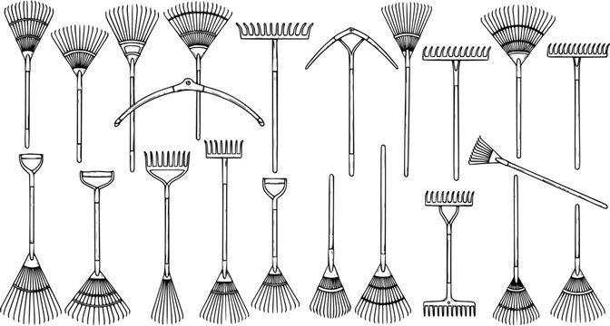 Detailed Line Art Illustration of Various Gardening Rakes: A Diverse Collection of Leaf Rakes, Garden Rakes, and Hand Tools for Lawn Care and Landscaping