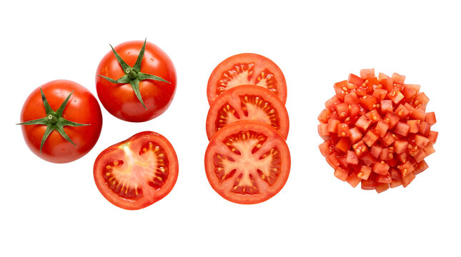 Fresh red tomatoes collection, whole organic vegetables with round slices and diced pieces, ripe tomato set isolated on white background