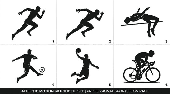 Dynamic athletic motion silhouettes of runners sprinters cyclists and ball players in action black and white design professional sports