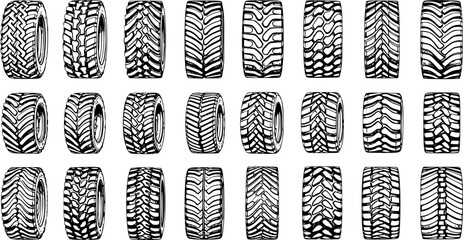 Diverse collection of black and white tire tread patterns for various vehicles, including car, truck, off-road, and heavy-duty designs, vector illustration set. © naila