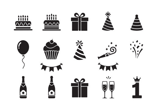 Set of black birthday party icons with cake gift and celebration items