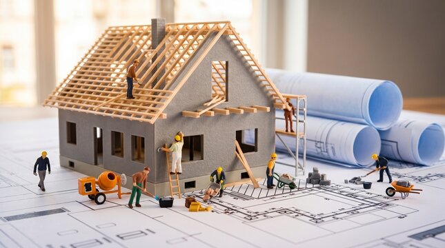 Miniature house under construction with tiny workers and blueprints on a desk.