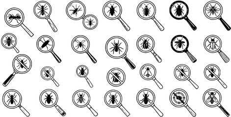 Pest Control Concept: Hand-Drawn Insects Under Magnifying Glasses © naila