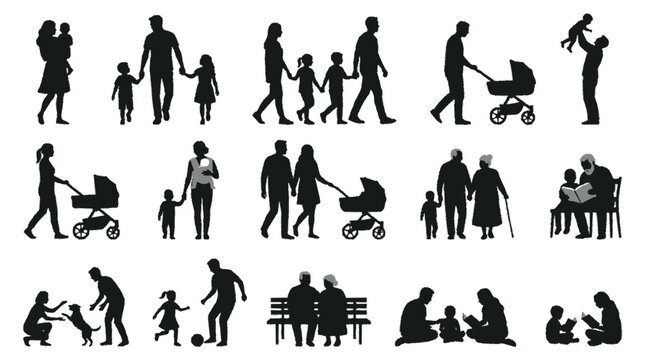 Silhouette compilation of families in everyday activities parents with children walking pushing strollers sitting and playing