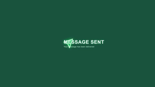 Animated message sent notification with glowing paper plane icon flying across a dark green screen background mp4