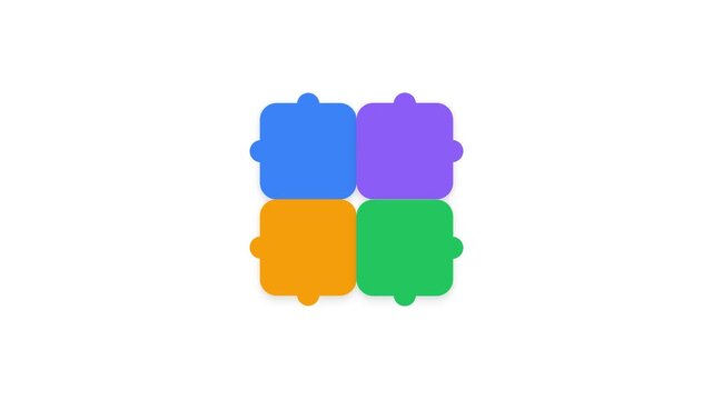 Motion graphic of four colorful puzzle pieces rotating and snapping into a perfect square grid formation mp4