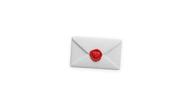 Minimalist 3D rendered white envelope with a red heart wax seal floating and rotating in a seamless loop
