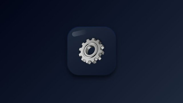 3D metallic gear spinning on a dark blue app button icon representing automated process and system configuration