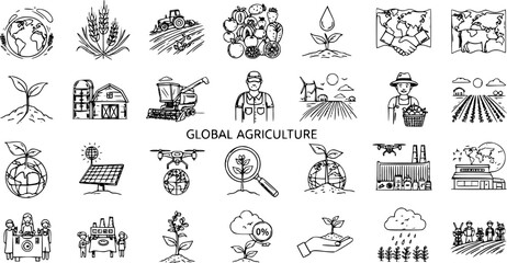 Obraz premium Hand Drawn Global Agriculture Doodles Icons Set: Farming, Technology, Sustainability, Food Production People - Vector Collection
