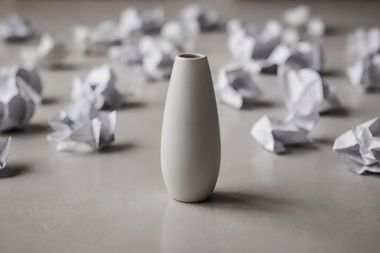 Perfect white ceramic vase standing out among crumpled paper wads concept of a brilliant idea