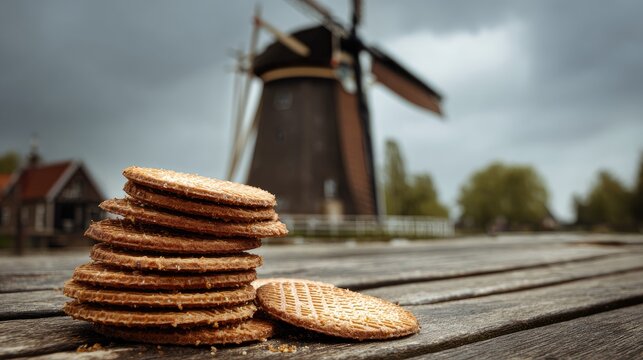 Stacked Dutch stroopwafels on weathered wood, windmill backdrop