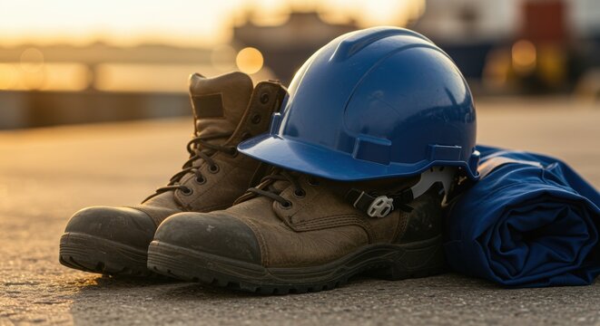 work boots safety helmet and protective coverall on pavement outdoor industrial site