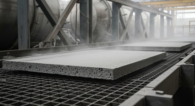 Concrete slab drying process on industrial conveyor with mist in factory