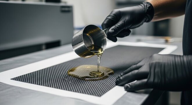 Man pouring resin on carbon fiber fabric for composite material layer preparation
