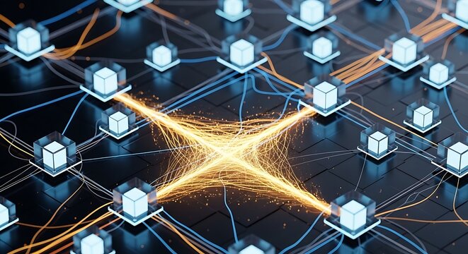 Network nodes converge into a central golden energy nexus on a dark digital motherboard with sharp focus and beautiful bokeh. Ideal for data science and cloud computing marketing.