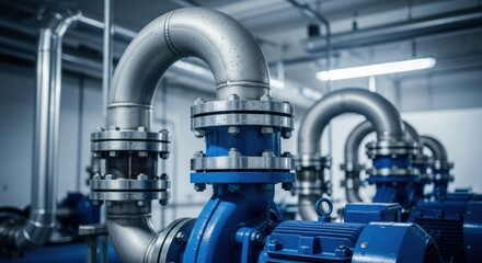 Obraz premium pump system with large stainless steel pipes in industrial facility setting