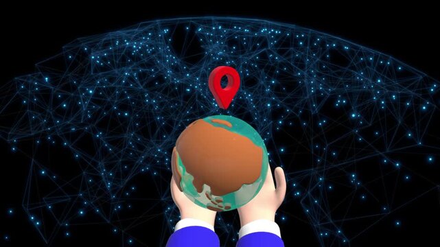Person holding spinning earth with location pin and plexus background