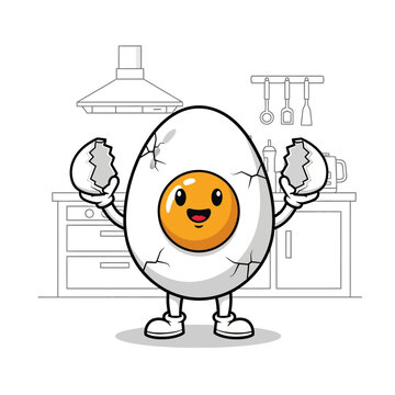 Cheerful Cartoon Egg Character Holding Cracked Shells in Kitchen.