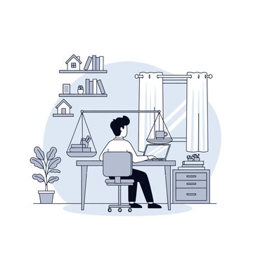 Focused Professional Working on Laptop at Desk with Balance Scale.