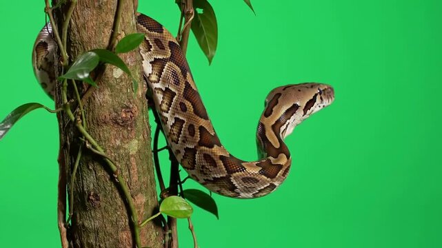 Boa Constrictor Snake Gracefully Coiled on Tree Branch Isolated on Green Screen Background for Compositing and Visual Effects