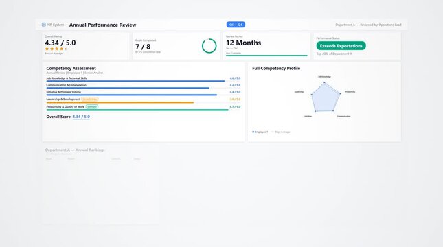 Employee performance review scorecard dashboard animation with metrics charts graphs data visualization ui interface typography