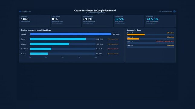 Course enrollment funnel analytics dashboard showing student journey completion rates retention metrics data visualization with progress tracking charts graphs dark mode interface design