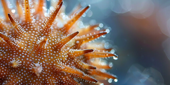 close-up spiky coral polyps with delicate tentacles isolated on transparent background