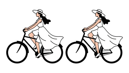 Fototapeta premium Elegant Woman Cycling Line Art Vector Set Summer Dress and Hat Bicycle Ride Collection