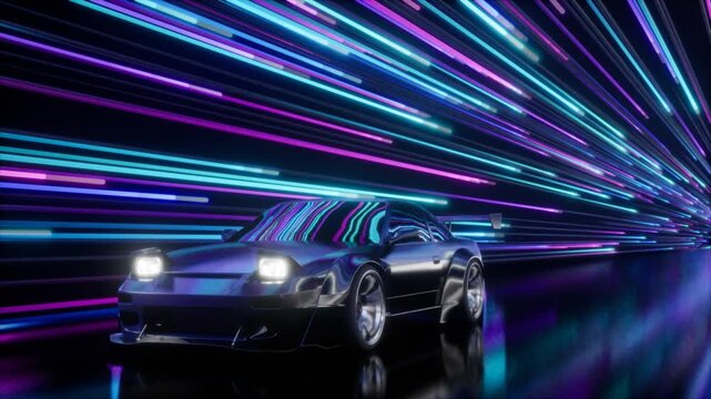 A car speeds through a tunnel of neon lights reflecting on metal, 90s style, looped video, 3D rendering