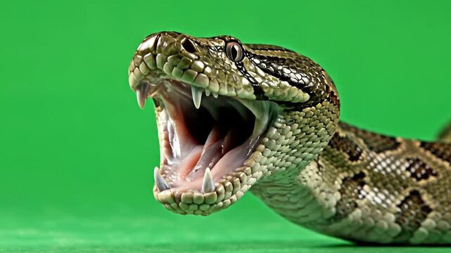 Close-Up Isolated Snake Portrait on Vibrant Green Screen Background Perfect for Video Overlay and Creative Applications