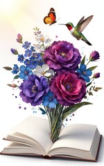 Obraz premium Vibrant flowers bloom from an open book with a hummingbird and