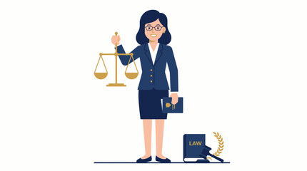 Fototapeta premium Lawyer stands holding the scales of justice while wearing a professional suit in a courtroom setting.