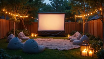 Obraz premium Empty backyard cinema setup with projector screen, bean bags, and string lights. Cozy outdoor movie night ambiance with lanterns and blankets on grass. Perfect for summer entertainment and gatherings.