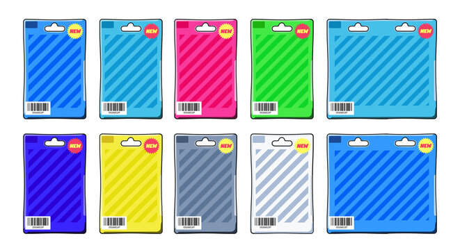 Toy blister pack set - window box / display packaging symbols in cartoon style in 8 colors for vending machines