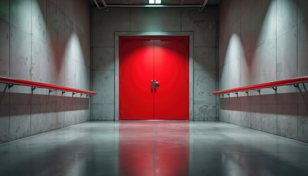 Red emergency exit doors in concrete hallway. Building interior corridor with red handrails. Safety access point, security escape route for evacuation.