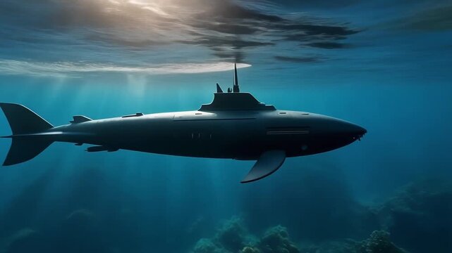 A futuristic submarine with a fish-like tail and fins glides through clear blue ocean water, illuminated by sunlight from above.