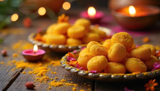 Yellow gujia sweets served on metal plate with colorful flower petals. Candles and blurred lights create festive atmosphere for Indian celebration of holi.