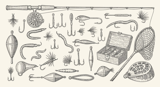 Hand Drawn Fishing Gear and Tackle Collection