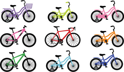 Obraz premium Colorful bicycle collection vector set featuring city bikes road bikes mountain bikes and kids bicycles isolated on white background