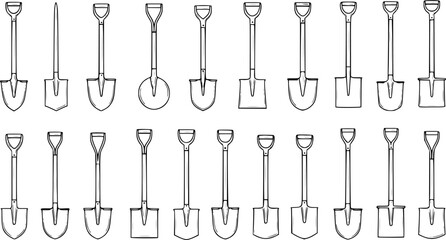 Collection of various shovels and spades. A diverse set of digging tools with different handle and blade designs for gardening, construction, and landscaping projects. © abenail