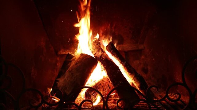 Wood burning in fireplace at home, closeup