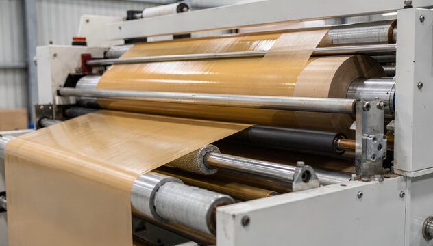 Industrial waxed paper coating machine in medium shot showing tinted wax application on continuous paper roll emphasizing visual quality and uniform coverage.