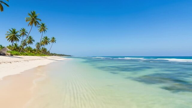 Tropical beach scene palm trees line white sand crystal clear water meets the horizon under a cloudless blue sky