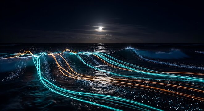Luminous cyan and amber light streaks traverse rolling sea waves under a bright moon. Long exposure creates a sense of rapid digital transmission. Ideal for global network infrastructure marketing.