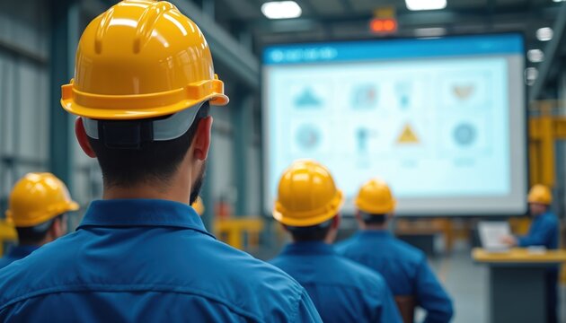 Workers in blue overalls, yellow hard hats attend safety training in factory. Instructor presents information on large screen display. Team listens to lecture in industrial setting learning