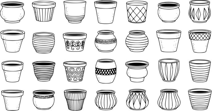 Hand-drawn black and white vector sketch collection of various plant pots and flower planters with diverse shapes and decorative patterns.