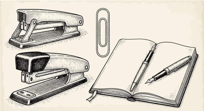 Vintage Hand Drawn Stationery Set with Staplers and Open Notebook