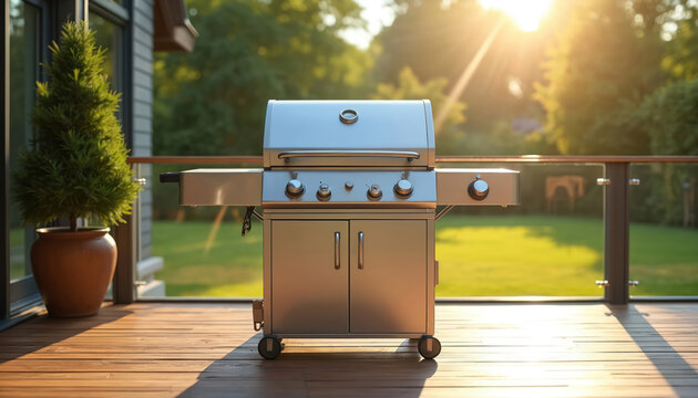 Shiny steel gas grill sits on wooden deck under bright sun. Outdoor kitchen appliance ready for summer cookout. Backyard cooking, patio leisure, family meal prep.